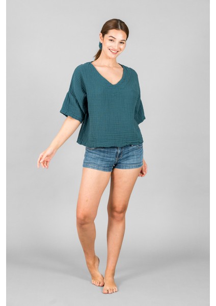 Müslin Kadın V Yaka Kısa Kol Bluz fırsatları