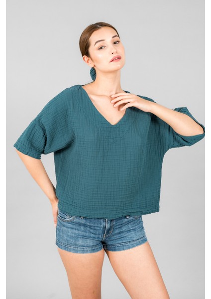 Müslin Kadın V Yaka Kısa Kol Bluz indirimleri