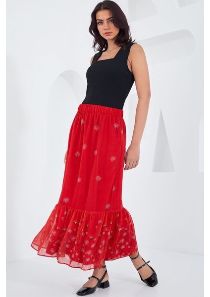 Kadın BDART Çiçek Desenli Maxi Etek Red