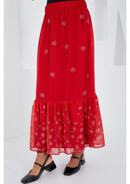 Kadın BDART Çiçek Desenli Maxi Etek Red