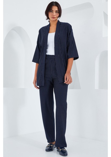 Kadın BDART Çizgili Uzun Kimono Pantolon Takımı Lacivert indirimleri