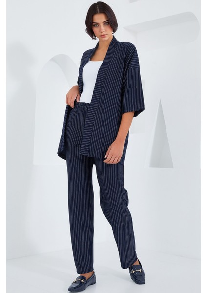 Kadın BDART Çizgili Uzun Kimono Pantolon Takımı Lacivert