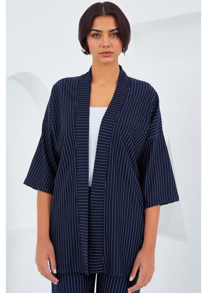 Kadın BDART Çizgili Uzun Kimono Pantolon Takımı Lacivert