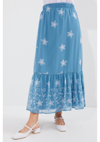 Kadın BDART Çiçek Desenli Maxi Etek Blue