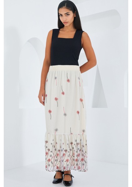 Kadın BDART Çiçek Desenli Maxi Etek Natural