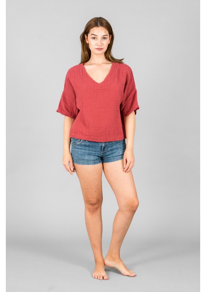 Müslin Kadın V Yaka Kısa Kol Bluz indirimleri
