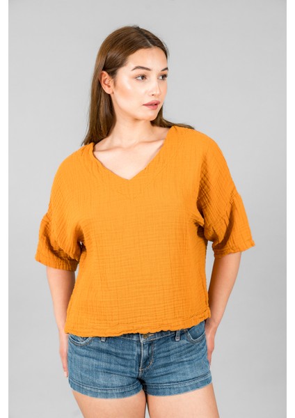 Müslin Kadın V Yaka Kısa Kol Bluz