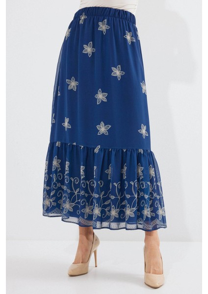 Kadın BDART Çiçek Desenli Maxi Etek Lacivert