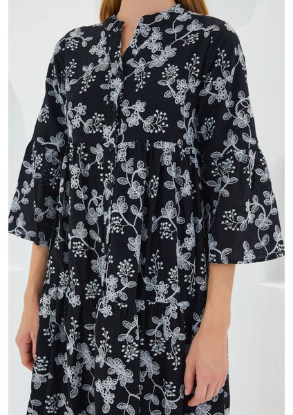 Kadın BDART Çiçek Desenli V Yaka Uzun Elbise, Üç Çeyrek Kollar Black