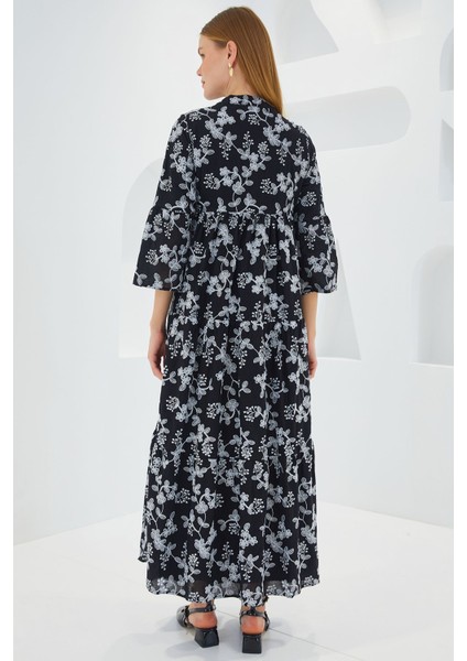 Kadın BDART Çiçek Desenli V Yaka Uzun Elbise, Üç Çeyrek Kollar Black