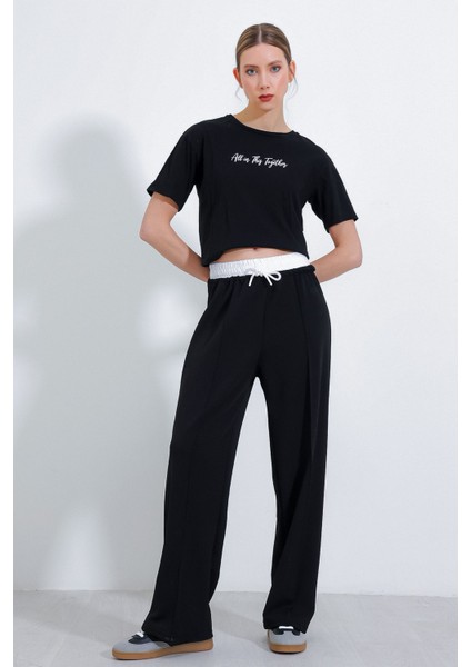 Kadın BDART Dokulu Kısa Belli Geniş Paça Jogger Pantolon Black indirimleri
