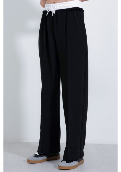 Kadın BDART Dokulu Kısa Belli Geniş Paça Jogger Pantolon Black