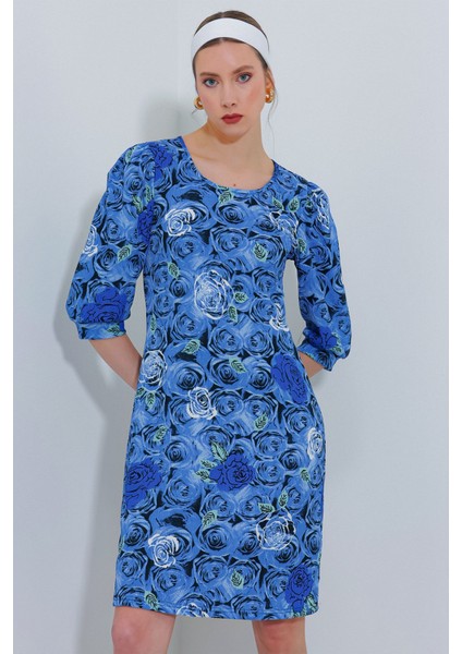Kadın BDART Üç Çeyrek Kol Boyalı Çiçekli Midi Elbise Peygamber Çiçeği Mavisi indirimleri