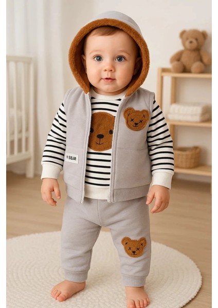 Peluş Ayıcık Desenli Kapişonlu 3'lü Erkek Bebek Takımı 3-18 Ay