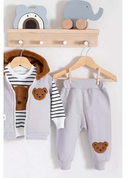 Peluş Ayıcık Desenli Kapişonlu 3'lü Erkek Bebek Takımı 3-18 Ay fiyatları
