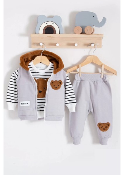 Peluş Ayıcık Desenli Kapişonlu 3'lü Erkek Bebek Takımı 3-18 Ay modelleri