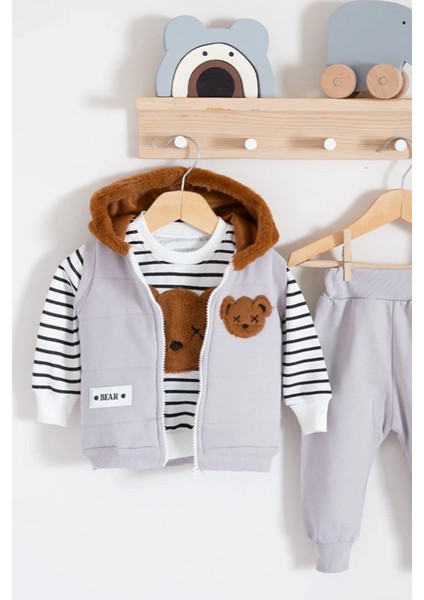 Peluş Ayıcık Desenli Kapişonlu 3'lü Erkek Bebek Takımı 3-18 Ay fırsatları
