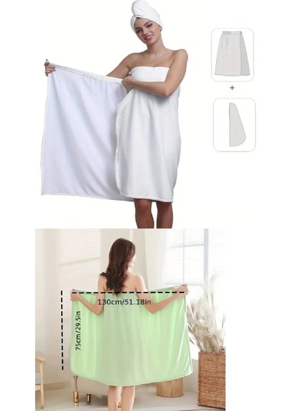 2 Parça Beyaz Banyo Bornoz Havlu Seti Havlu Etek %100 Polyester, Yumuşak Hızlı Kuruyan, Süper Emici Çıtçıtlı Banyo Robası