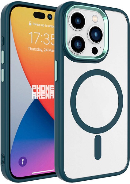 iPhone 15 Pro Uyumlu Wireless Şarj Özellikli Tkdw Krom Magsafe Silikon Kapak-Koyu Yeşil