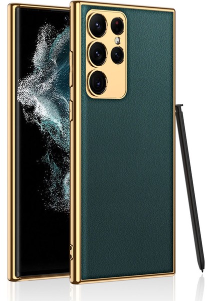 Galaxy S23 Ultra Kılıf Deri Görünümlü Kenarları Elektroplating Kaplama Tkdw Fizyon Kapak-Koyu Yeşil
