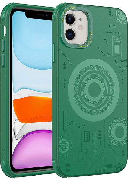 Apple iPhone 12 Kılıf Tkdw Wireless Şarj Özellikli Desenli Hot Kapak-Koyu Yeşil