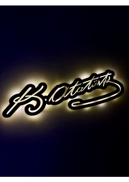 Aa Pilli Ledli Işıklı Atatürk Imza Ahşap Tablo, Kemal Atatürk Imza, Dekoratif Işıklı LED Tablo