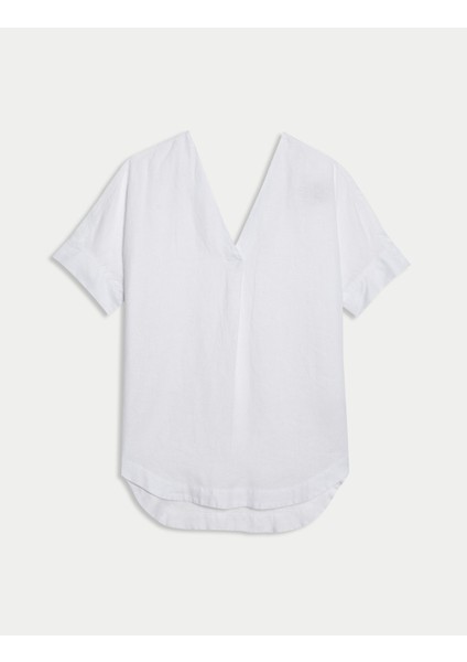 Keten V Yaka Rahat Kesim Popover Bluz fiyatları