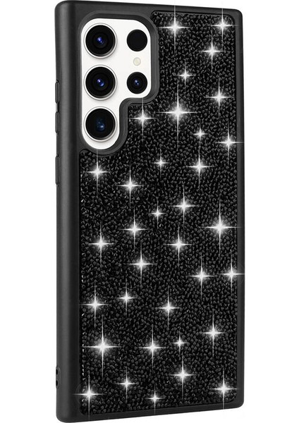 Galaxy S23 Ultra Kılıf Parlak Taşlı Tasarım Tkdw Pırlanta Kapak-Siyah