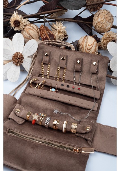 Katlanabilir Rulo Takı ve Seyahat Çantası, Koyu Kahve, Çok Renkli Tasarım