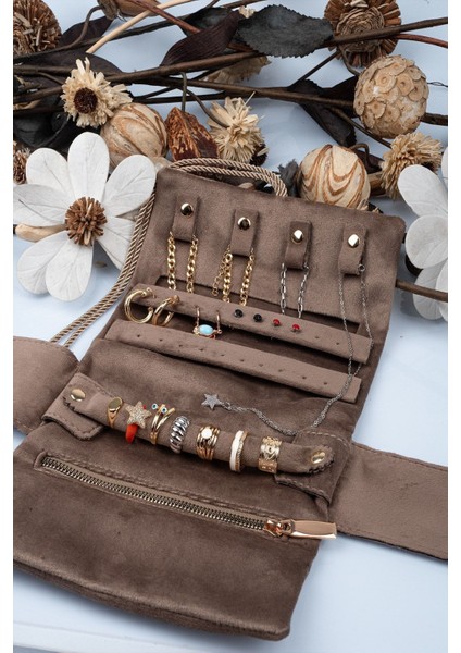 Katlanabilir Rulo Takı ve Seyahat Çantası, Koyu Kahve, Çok Renkli Tasarım fiyatları