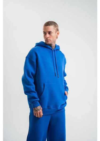 Unisex Double Oversize Kapşonlu Basic Sweatshirt - Mavi modelleri