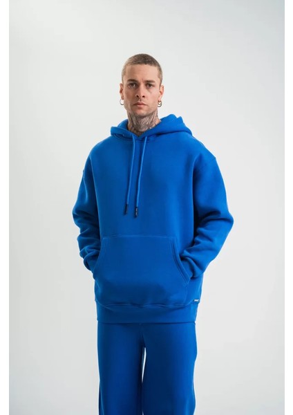 Unisex Double Oversize Kapşonlu Basic Sweatshirt - Mavi fırsatları