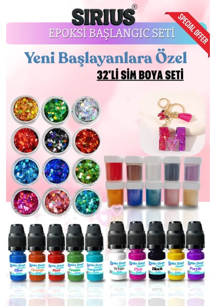 Epoksi Reçine Başlangıç Seti–32 Parça Renkli Pigment+Mica Toz + Sim Pul Seti |uv ve Epoksi Uyumlu