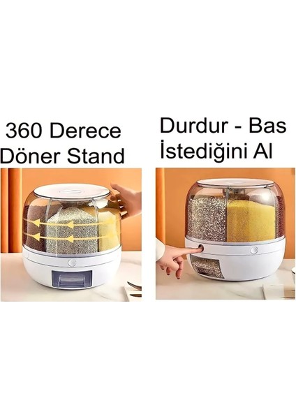 360° Dönebilen 6 Bölmeli Hava Geçirmez Kuru Gıda ve Bakliyat Saklama Kabı
