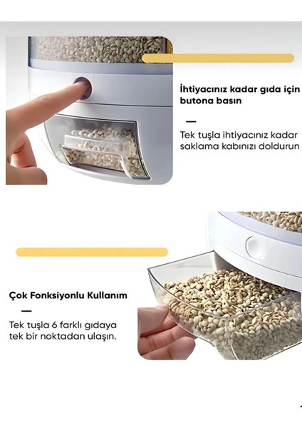 360° Dönebilen 6 Bölmeli Hava Geçirmez Kuru Gıda ve Bakliyat Saklama Kabı