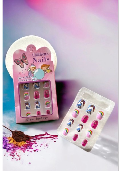 Kız Çocukları Için Sevimli Unicorn Gökkuşağı Desenli Pembe Renk Yapışkanlı Takma Tırnak Seti fiyatları