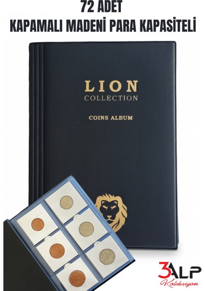, Lion Marka 72 Gözlü, 12 Sayfalı, Kapamalı Paralar Için Madeni Para Albümü- Siyah Renk