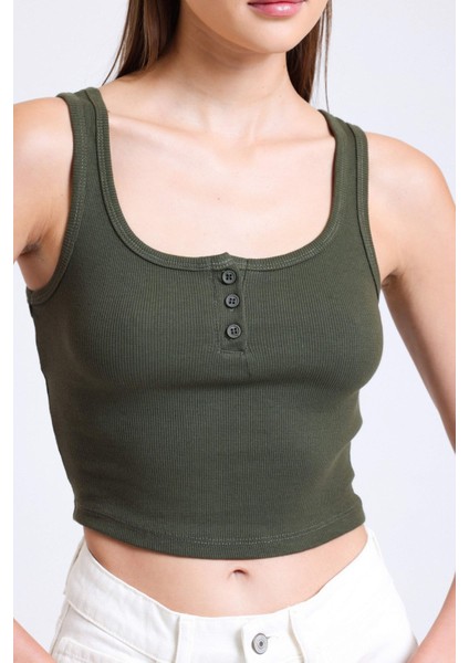 Kadın Kare Yaka Fitilli Düğmeli Askılı Tank Top Haki Yeşil
