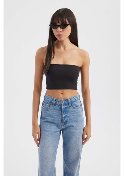Kadın Askısız Temel Crop Top Black