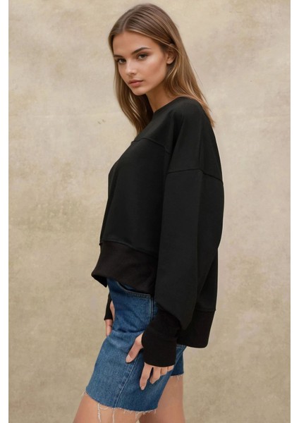 Kadın Yırtmaç Detaylı Bisiklet Yaka Loose Fit Sweatshirt Black