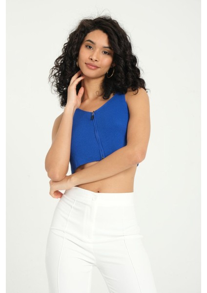 Kadın Yaka Detaylı Fermuarlı Örme Nervürlü Crop Top Blue