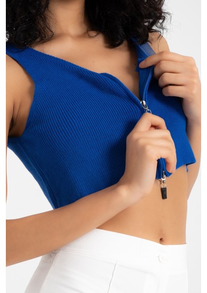Kadın Yaka Detaylı Fermuarlı Örme Nervürlü Crop Top Blue