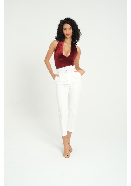 Kadın Dekolte Detaylı Kadife Sırtı Açık Kolsuz Vücut Red