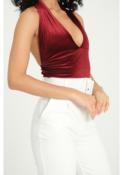 Kadın Dekolte Detaylı Kadife Sırtı Açık Kolsuz Vücut Red