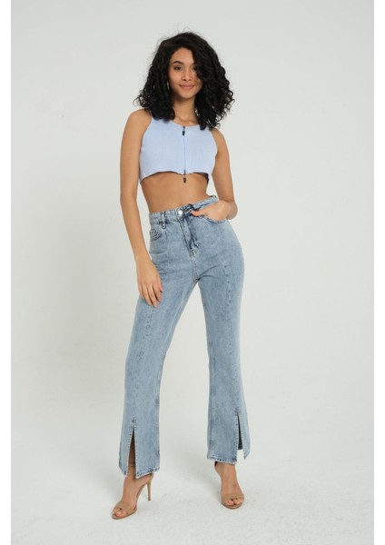 Kadın V Yaka Fitilli Örme Fermuarlı Crop Top Blue indirimleri