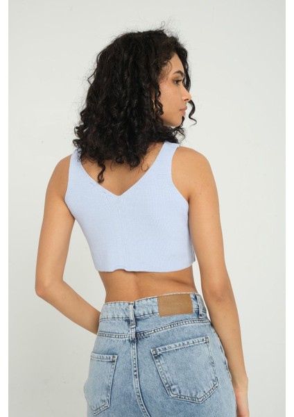 Kadın V Yaka Fitilli Örme Fermuarlı Crop Top Blue