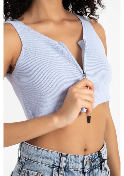 Kadın V Yaka Fitilli Örme Fermuarlı Crop Top Blue