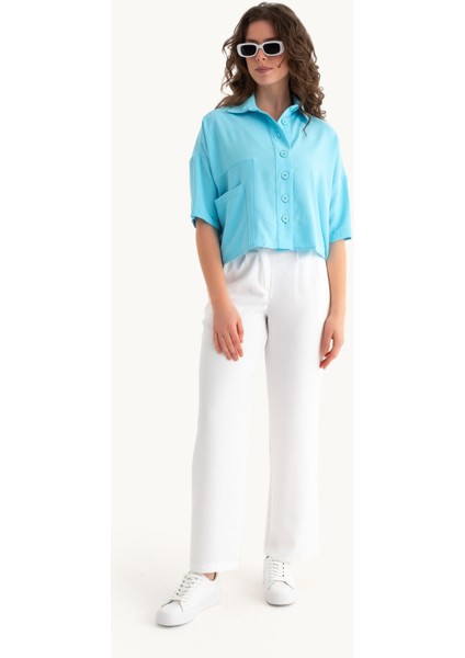 Kadın Düğme Detaylı Cep Gömlek Blue