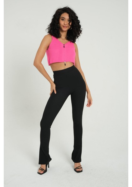 Kadın Yaka Detaylı Fermuarlı Fitilli Örme Crop Top Pembe