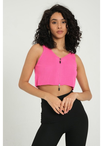 Kadın Yaka Detaylı Fermuarlı Fitilli Örme Crop Top Pembe